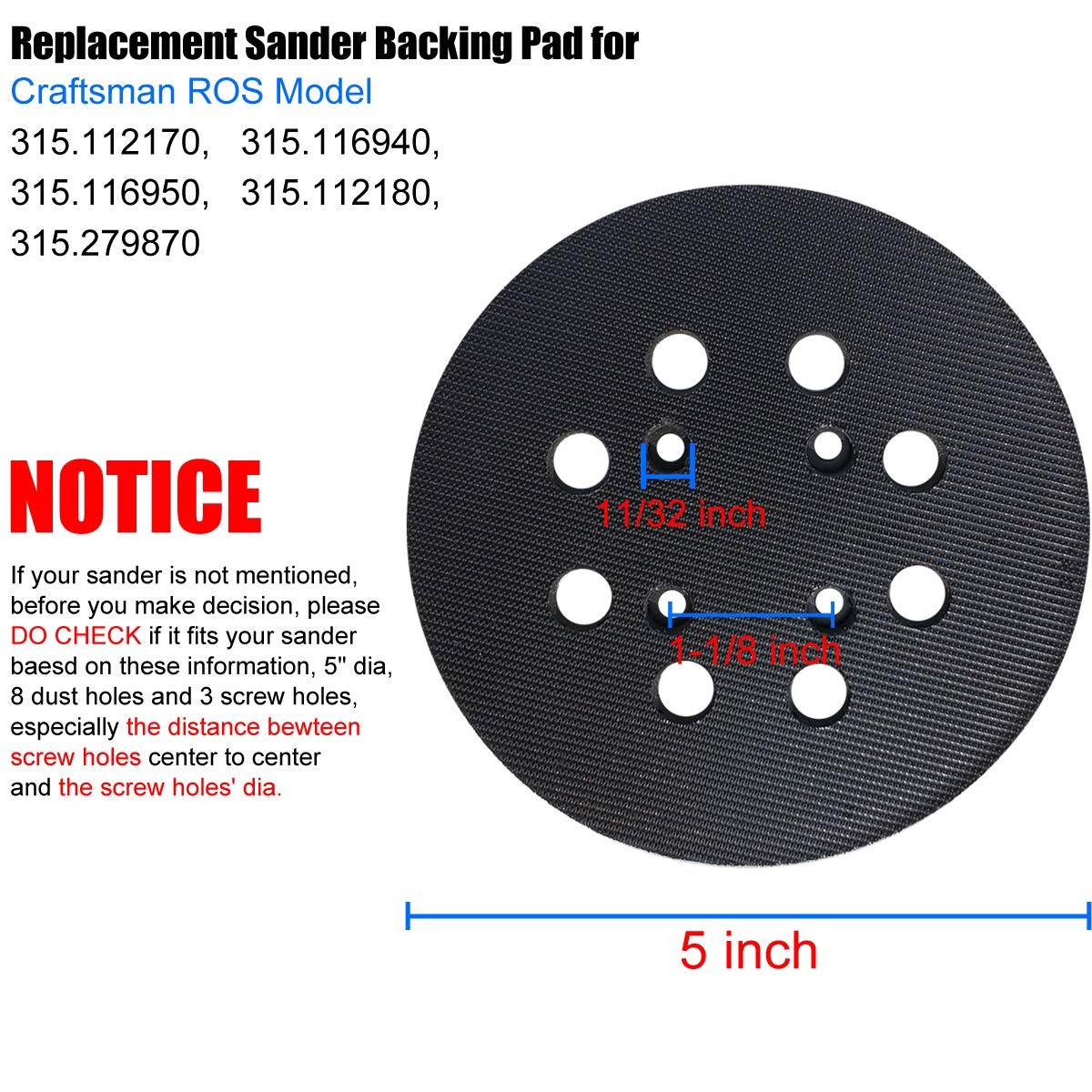5″ Hook and Loop Replacement Sander Pad for Craftsman 315 Model Random Orbit