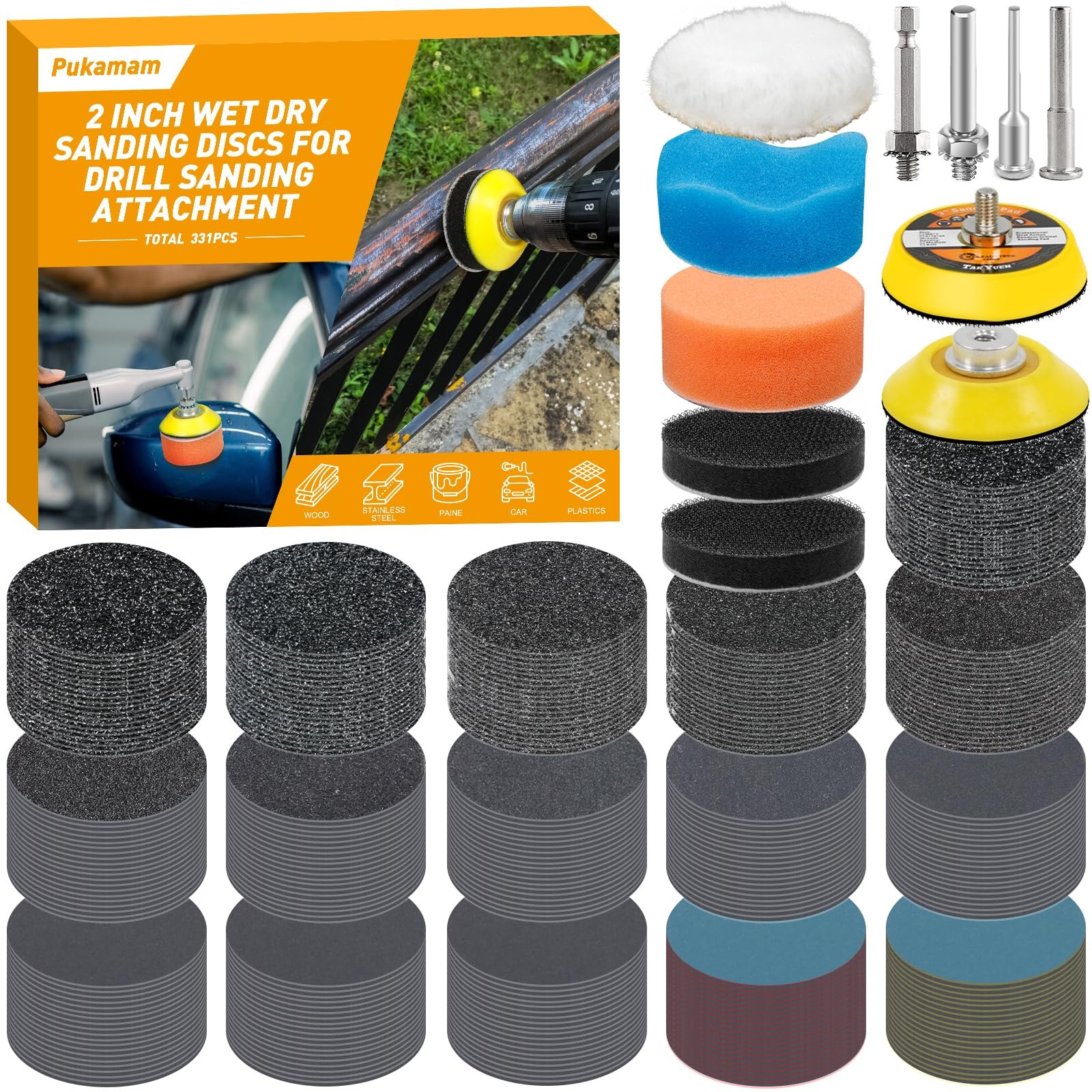 Pukamam 331 PCS 2 Inch Wet Dry Sanding Discs Grit 60 80 120 150 2 inch, Black
