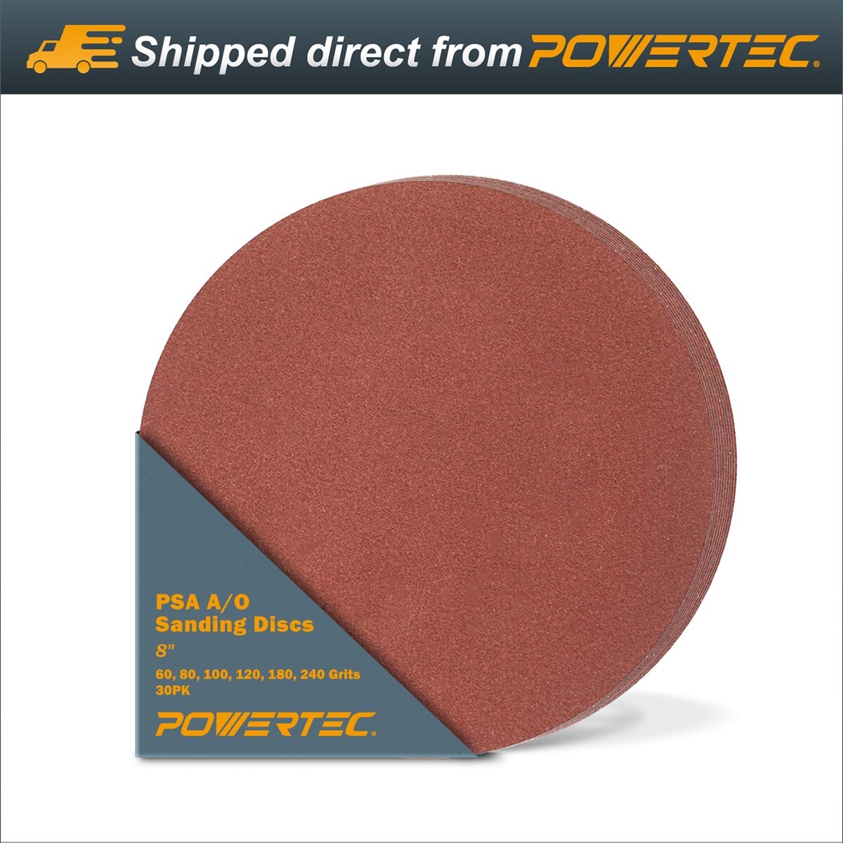 POWERTEC 30PK 8 Inch PSA Aluminum Oxide Adhesive Sanding Disc Assortment 110541