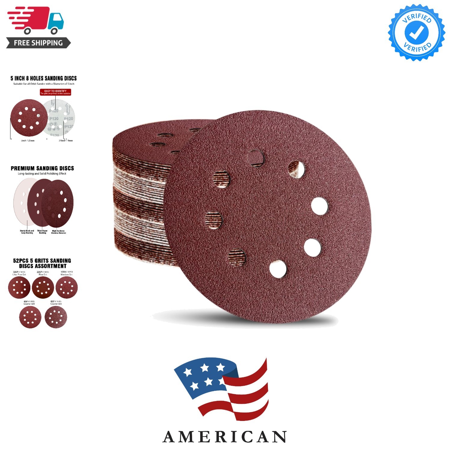 52 Pack 5 Inch 8-Hole Hook and Loop Sanding Discs Sandpaper Red Round 60 80 1…