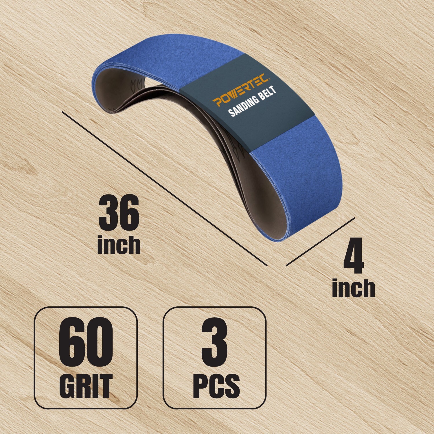 POWERTEC 4 x 36″ Sanding Belt 60 Grit 3pcs Zirconia Metal Sandpaper 443606Z-3