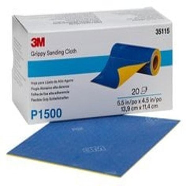 3M Grippy Sanding Cloth 35115, P1500 Grade, 5.5 in x 4.5 in, 20 Sheets/Roll