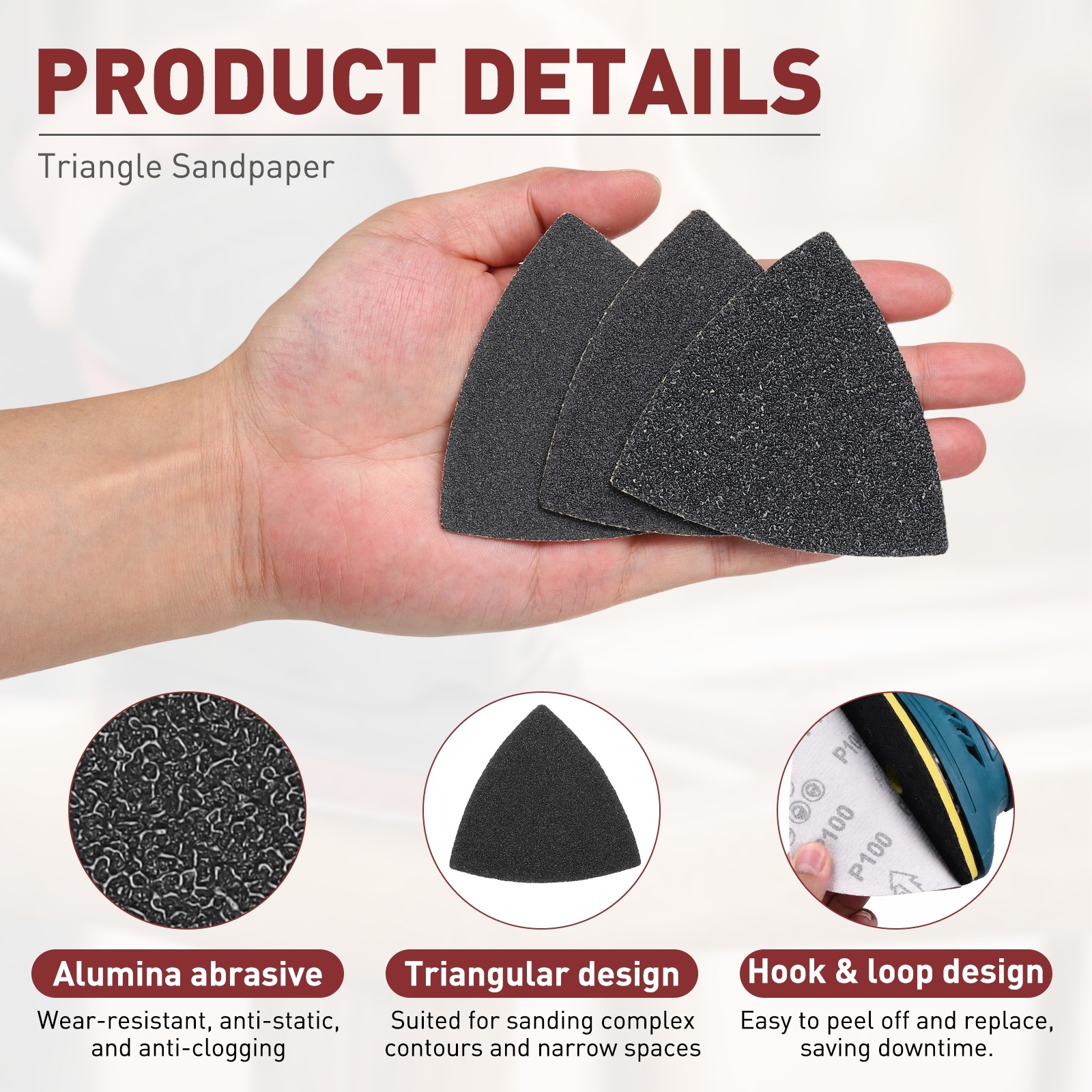 5 Pcs Triangle Sandpaper, 3-1/8″, 120 Grit Aluminum Oxide Sanding Pads, Black