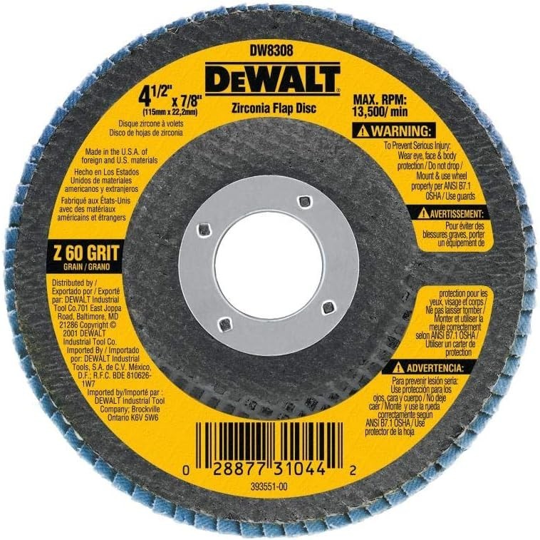 4x DeWalt DW8308 Flap Disc 4.5 60 Grit Zirconia Type 29 Metal Angle Grinder 7/8″