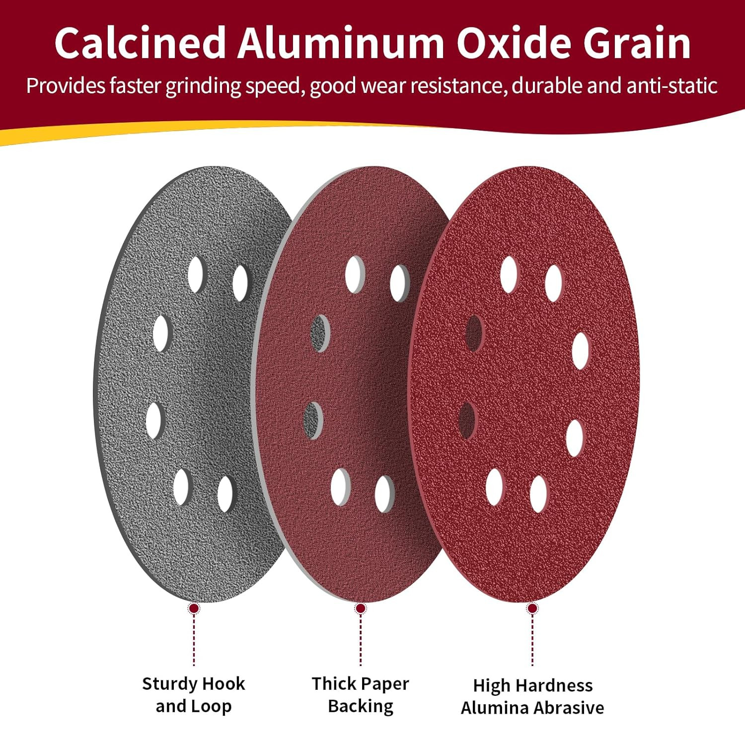 50Pcs 5 Inch 8-Hole Hook and Loop Sanding Discs 6 Mixed Grits Round Sandpaper