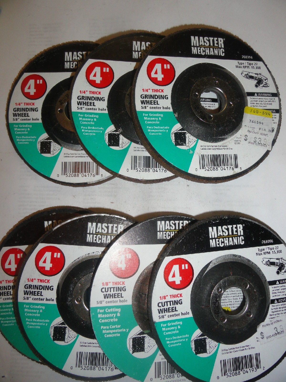 Master Mechanic 7 Piece 4″ X 1/4″ & 1/8″ Masonry Grinding Wheels 760394, 768096