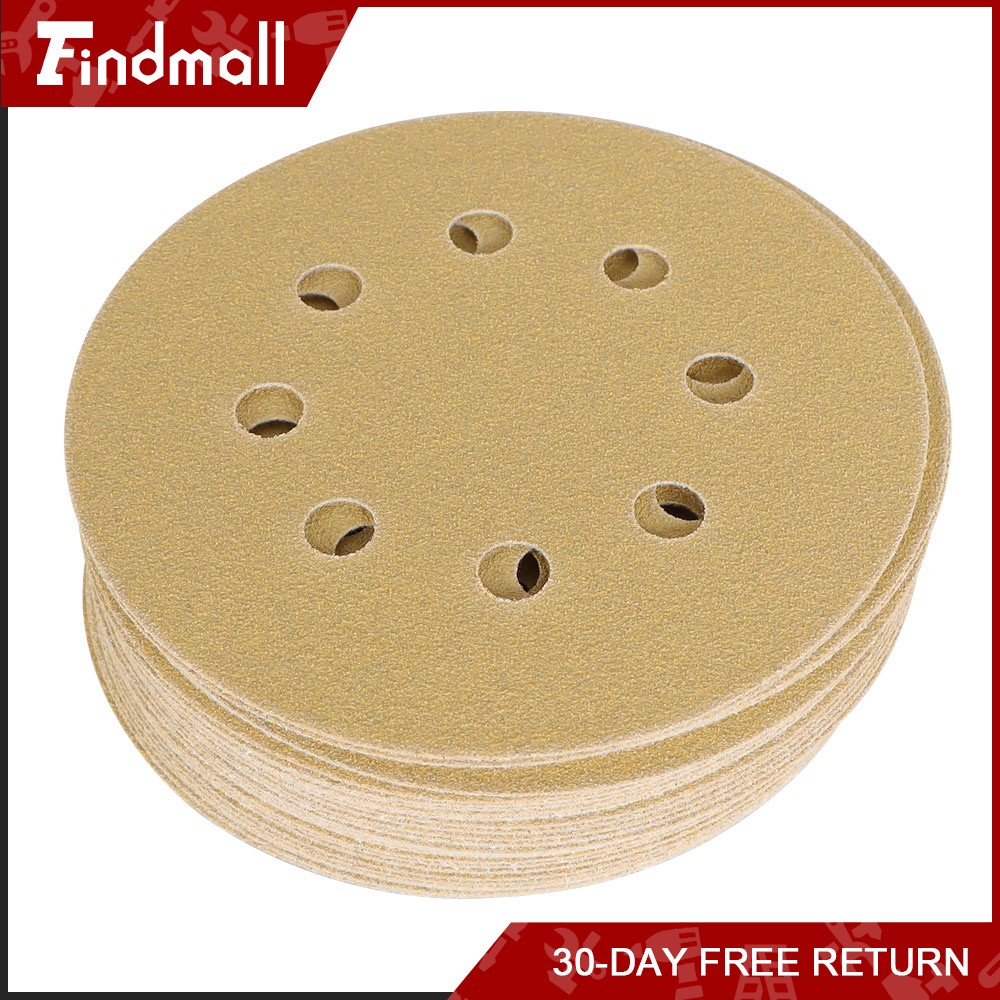 Findmall 100 Pieces 5 Inch 8-Hole 120 Grit Hook and Loop Sanding Discs