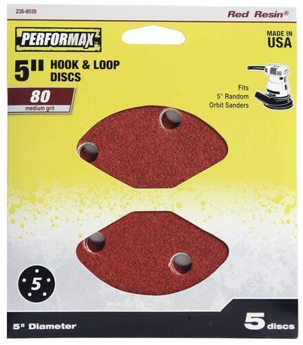 5″ 80-Grit Medium 5-Hole Hook & Loop Sanding Disc Orbital Sandpaper – 5 Pack
