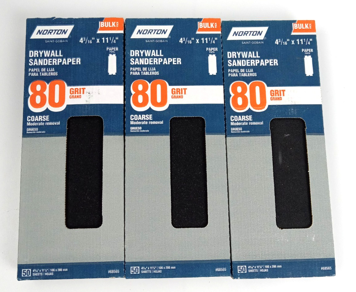 Lot of 3 Norton Drywall Sand Paper Coarse 80 grit 50 count pk.