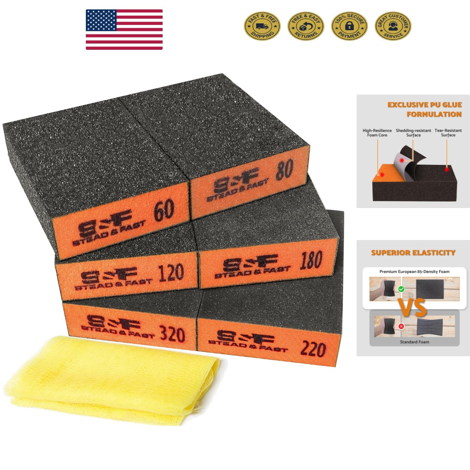 6-Pack Sanding Blocks – Coarse to Fine Grits for Wood, Metal & Drywall Use