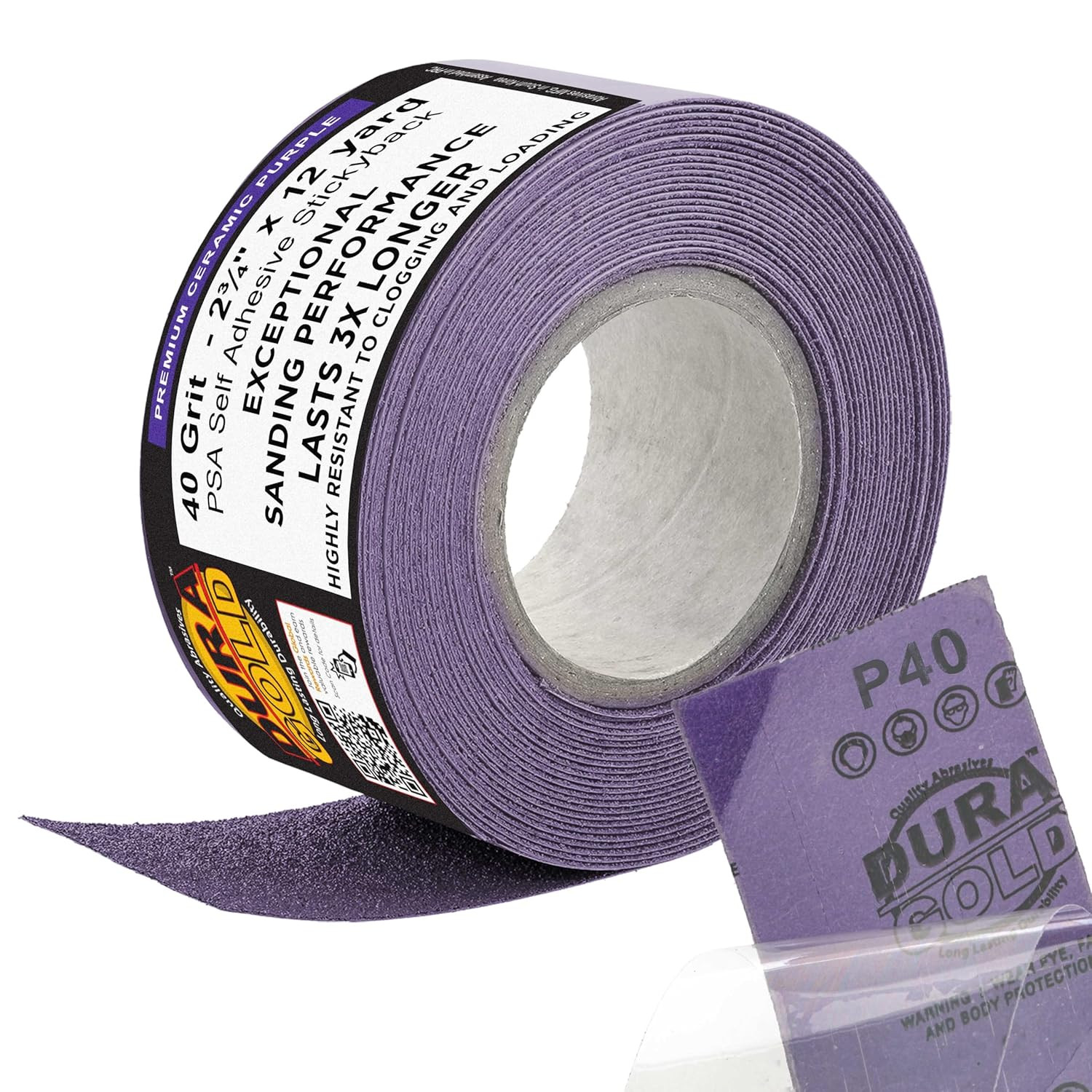 Dura-Gold Premium 40 Grit PSA Purple Film Ceramic Longboard Sandpaper, 2-3/4″ Wi