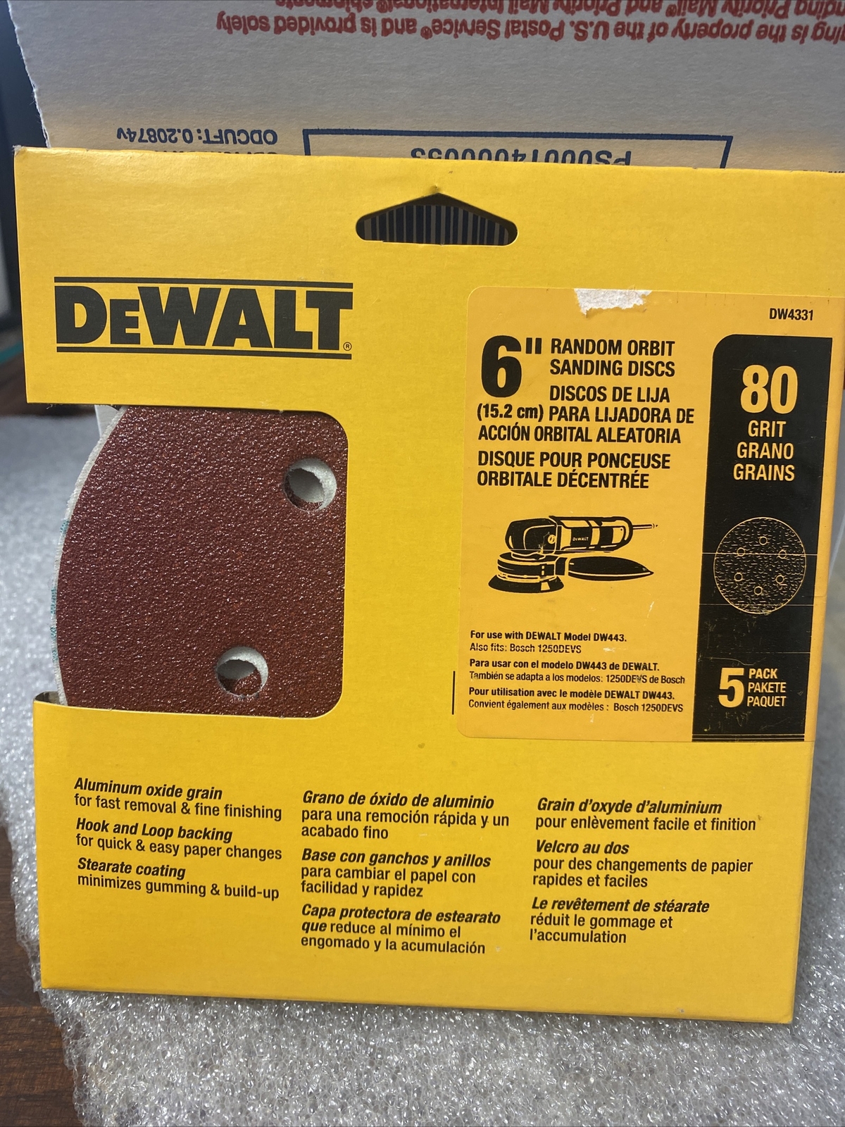 DeWalt DW4331 6″ 6 Hole 80 Grit Hook and Loop Random Orbit Sandpaper, 5 Pack