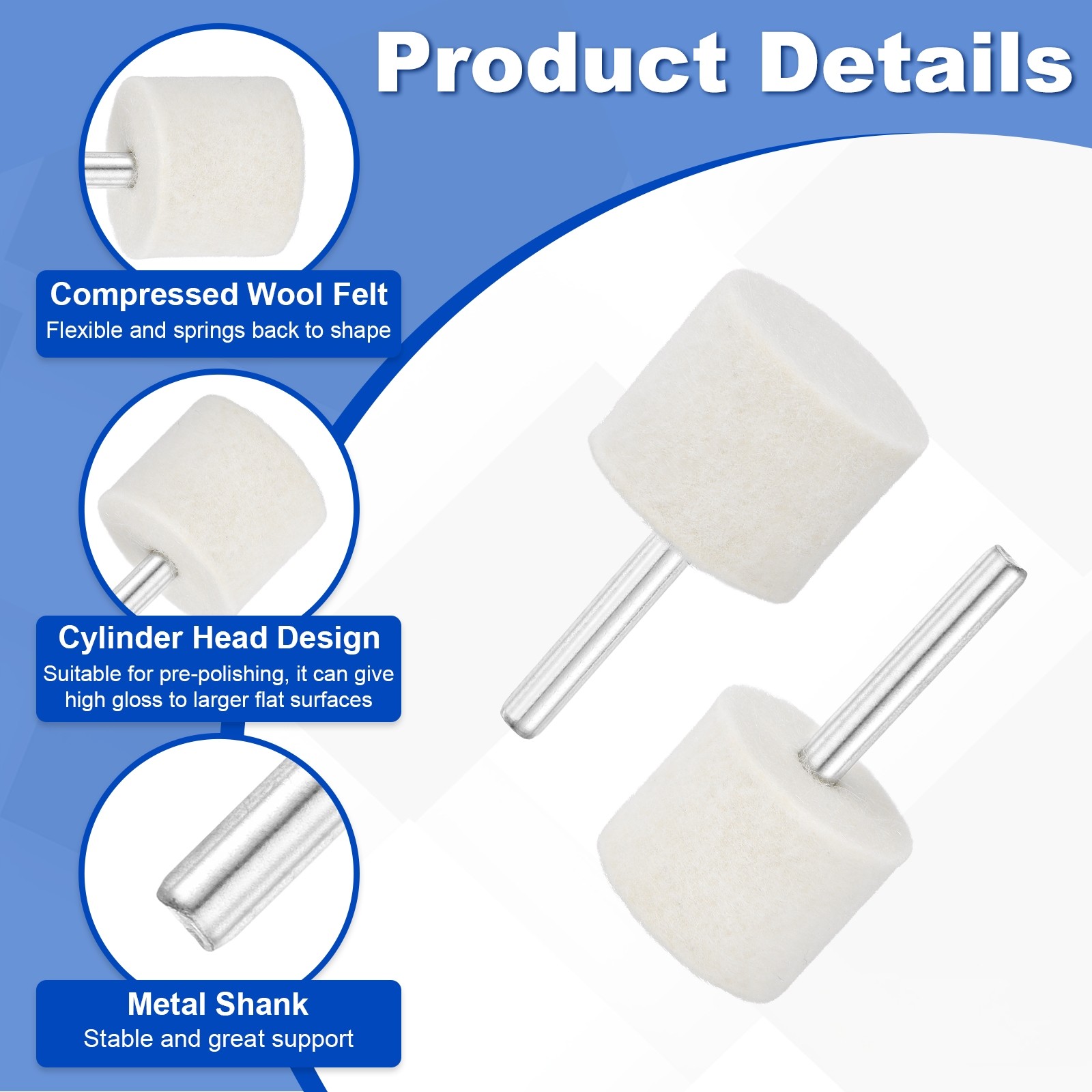 20 Pcs Wool Felt Mounted Mandrel Points 30mm Cylinder Head with 1/4″ Shank