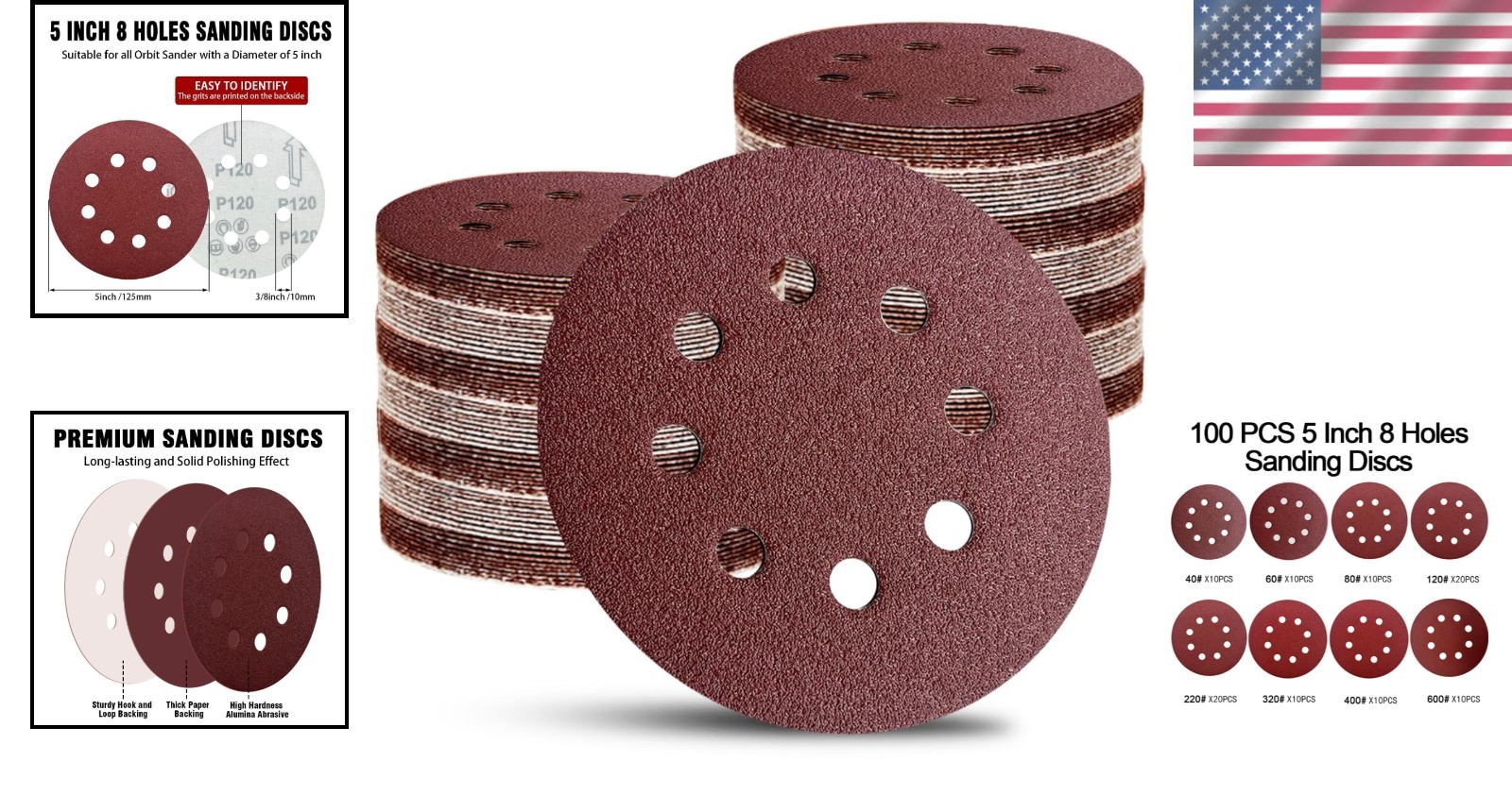 100PCS Multi-Grit Sanding Discs – 5-Inch 8-Hole Pads for Orbital Sanders