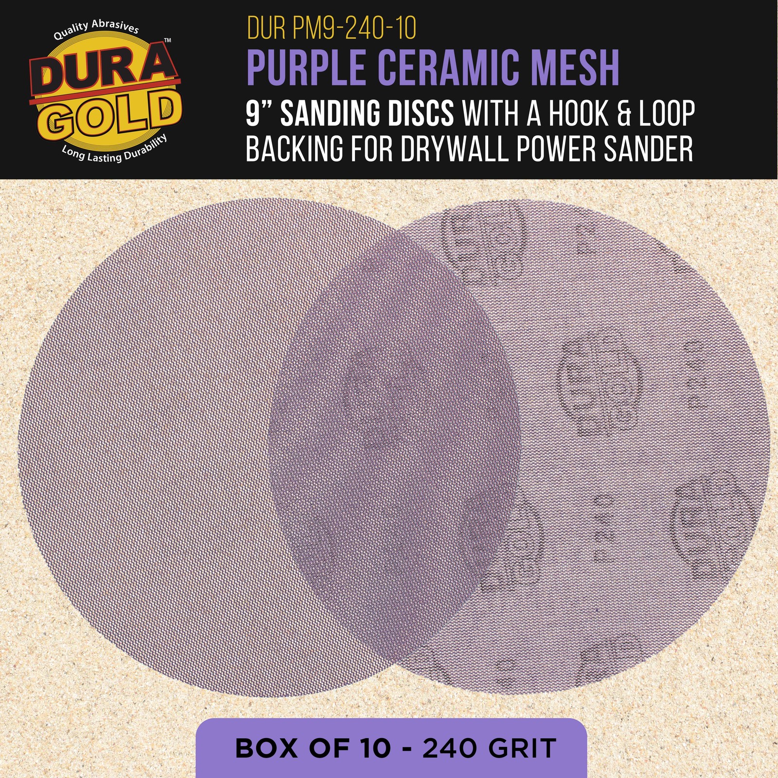 240 Grit 9″ Purple Ceramic Mesh Sanding Discs, Box of 30 – Hook & Loop Sandpaper