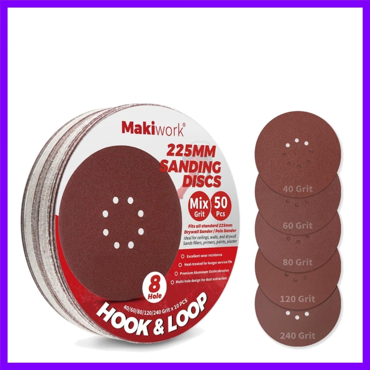 50PCS 9-Inch 8-Hole Hook & Loop Sanding Discs 40/60/80/120/240 Grit – 10 Each…