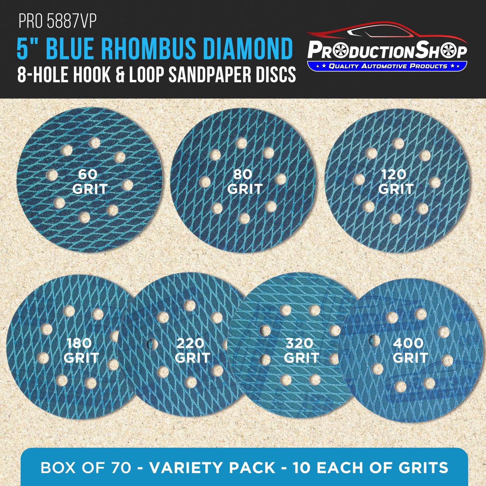 Premium 5″ Rhombus Diamond Shape Blue Sanding Discs, 8-Hole, 70 Disc Variety …
