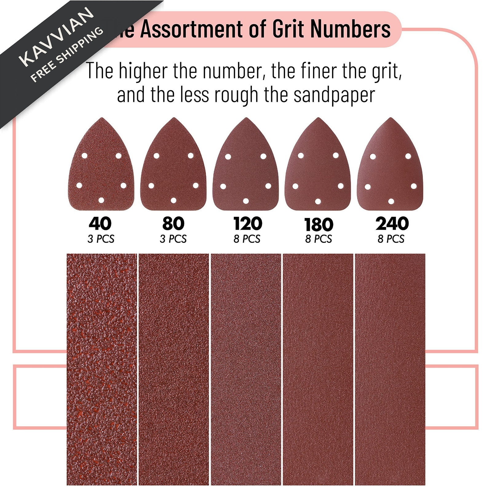 Bates- Mouse Detail Sander Sandpaper, 30 pcs, 30 40-240 Grits, Red