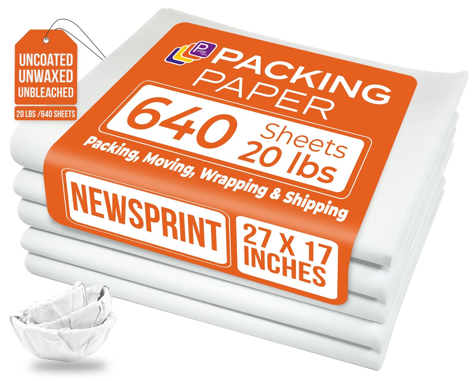White Bulk Packing Paper Sheets for Moving | 640 sheets | 27″ x 17″ | 20 lb | Tw