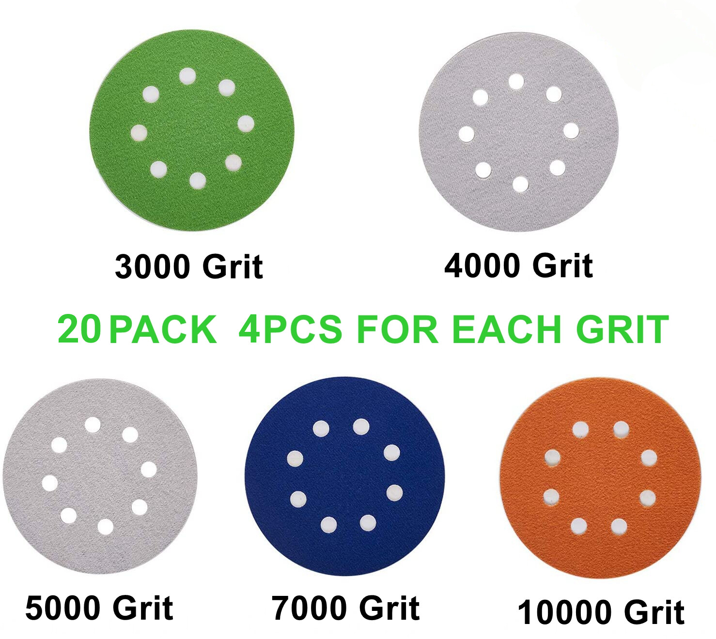 20x 5 inch Sanding Discs Hook Loop 8-Hole Wet Dry 3000 4000 5000 7000 10000 Grit