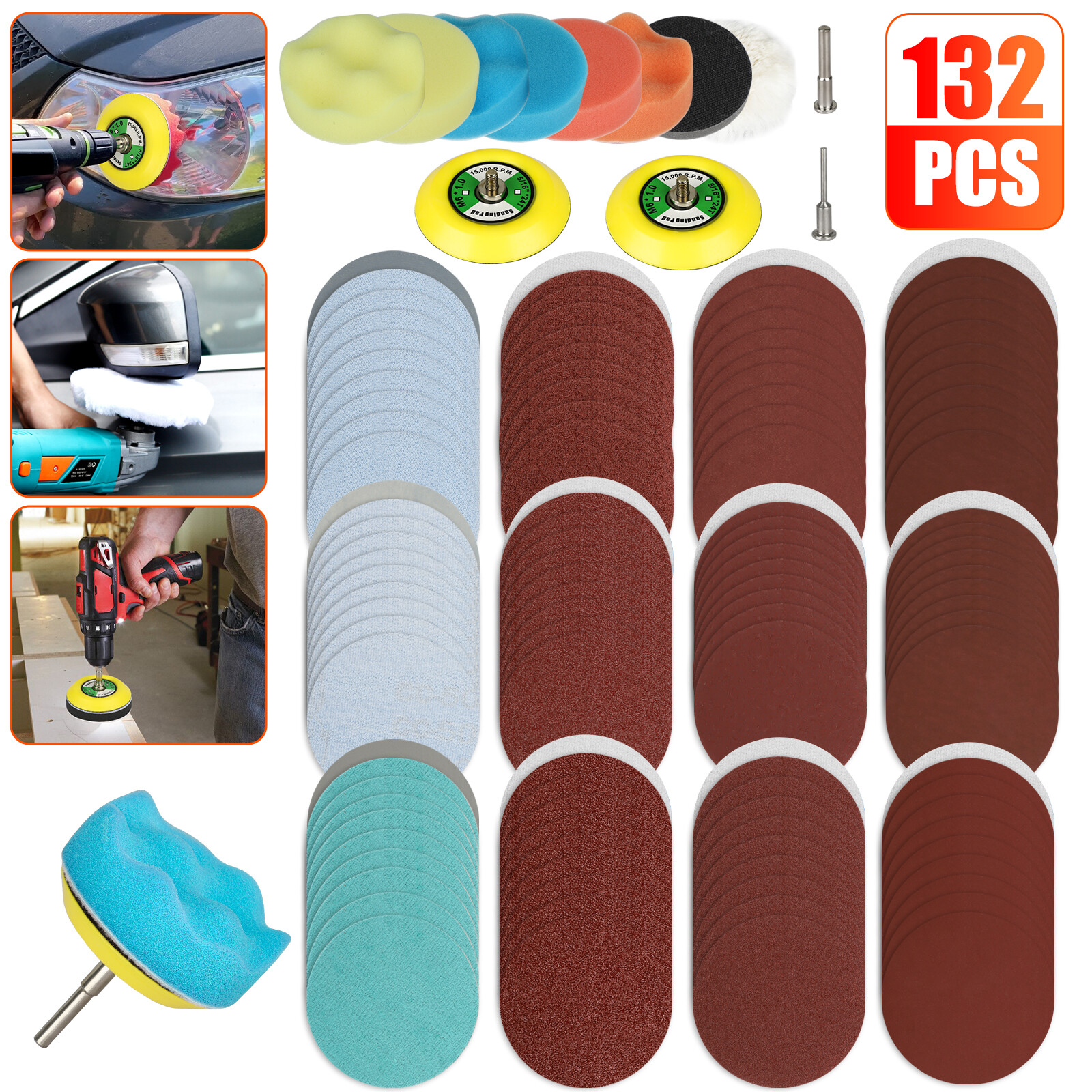132Pcs 3in Foam Buffering Polishing Sponge Sanding Disc Pad Kit w/Drill Adapter