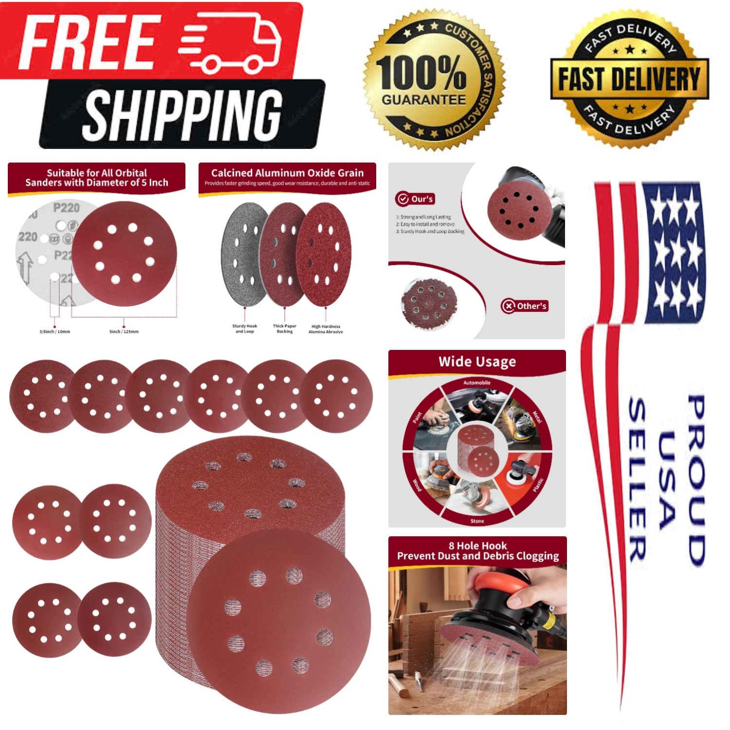 Efficient 50 PCS 5 Inch Sanding Discs with Dust Extraction & Strong Adhesion