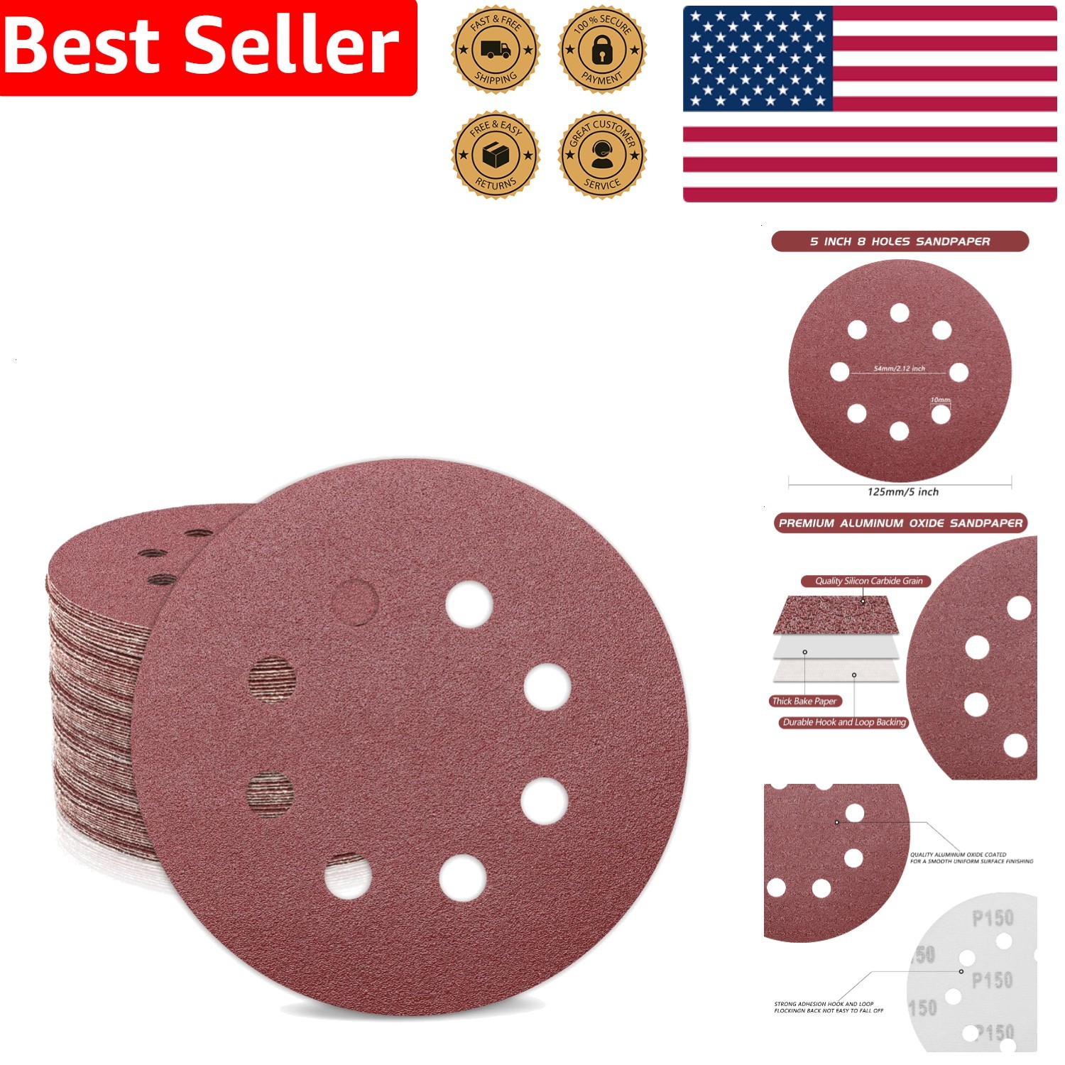 Sandpaper 5 Inch 150 Grit Hook Loop Orbital Sander Aluminum Oxide 8 Hole 50x