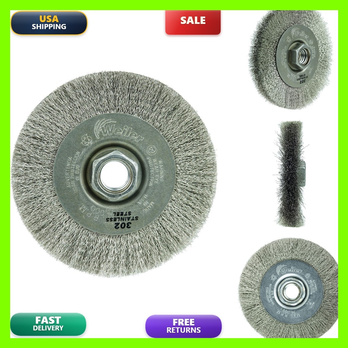 Weiler 00156 4 Narrow Face Crimped Wire Wheel .006 Stainless Steel Fill 5/8-11