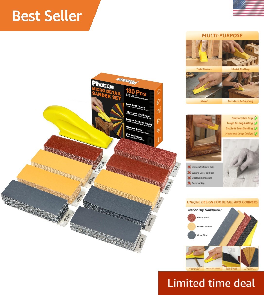 Comprehensive 180 PCS Sandpaper Set with Ergonomic Mini Sander for Crafts