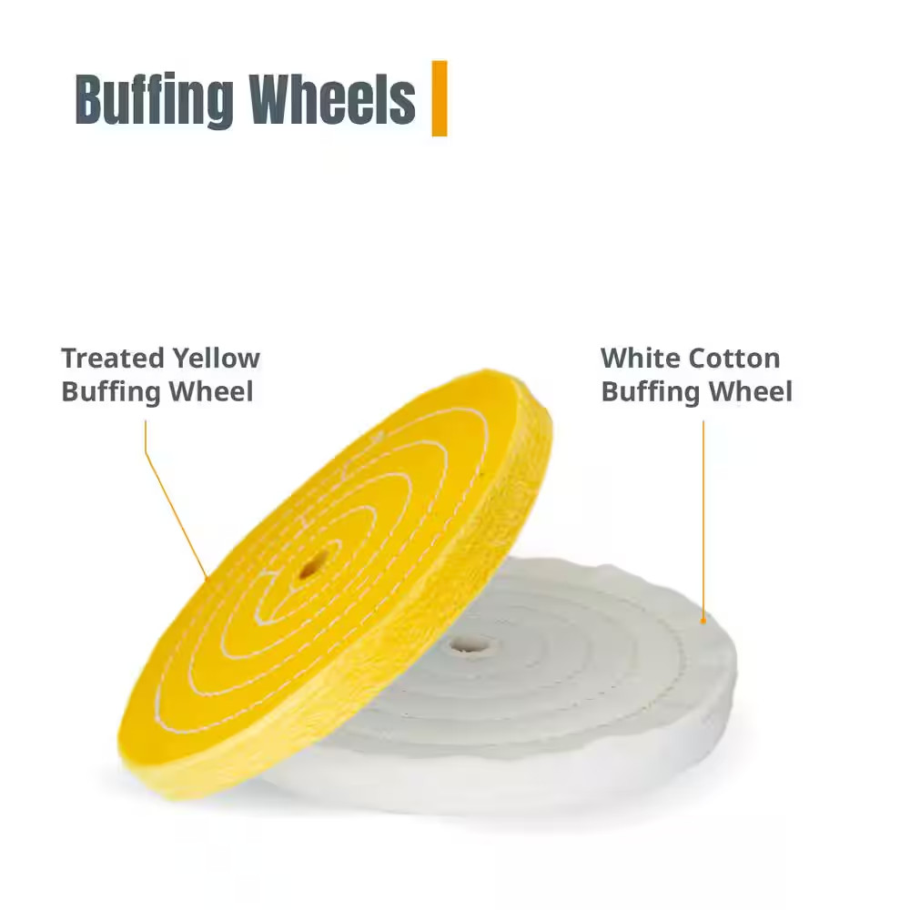 8 In. Buffing Wheels, White Cotton (70 Ply) and Yellow Cotton (42 Ply), 5/8 In.