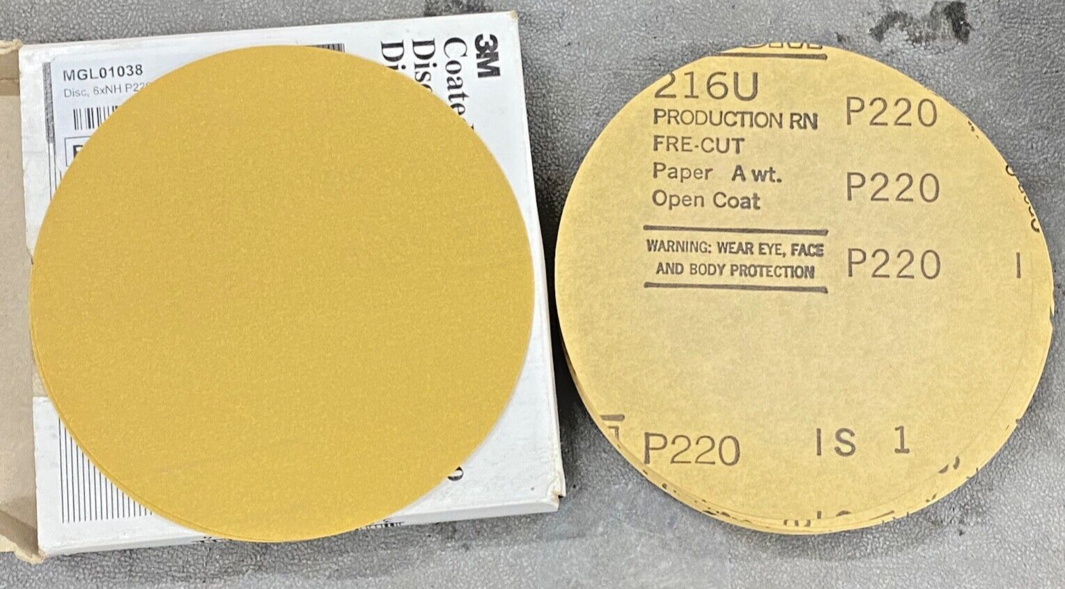 90 new 3M Production Fre-Cut 216U (6″ x NH) 220 Grit, PSA Gold Sanding Discs