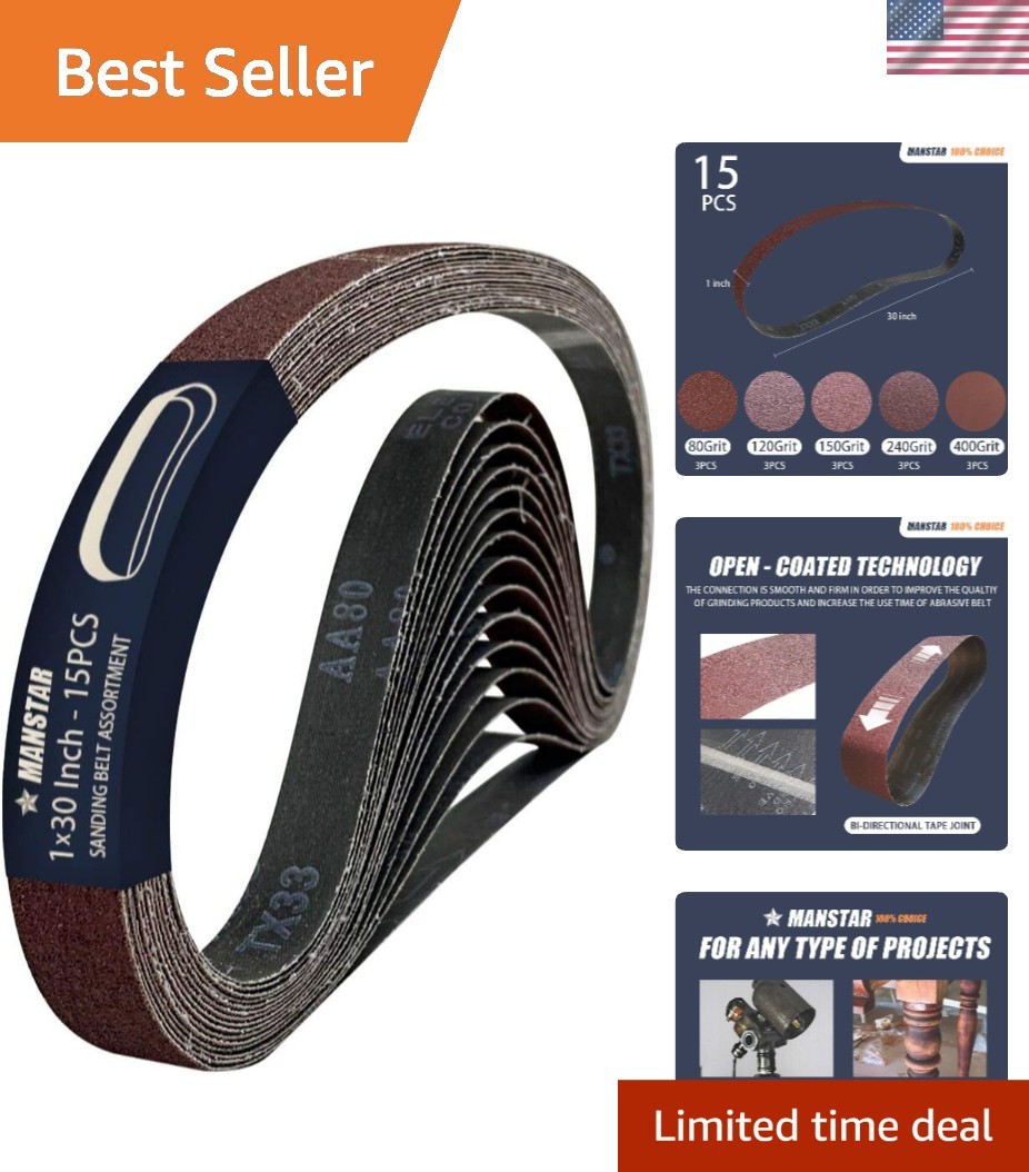 15 Pcs 1 x 30 Inch Assorted Aluminum Oxide Sanding Belt,80/120/150/240/400 Grit