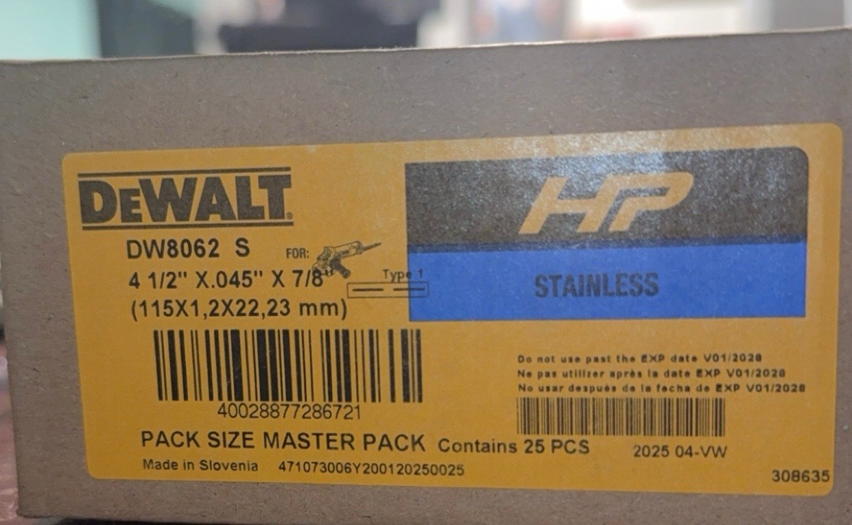 DEWALT DW8062 4.5” x .045” x 7/8 Stainless Steel Pack of 25 pcs