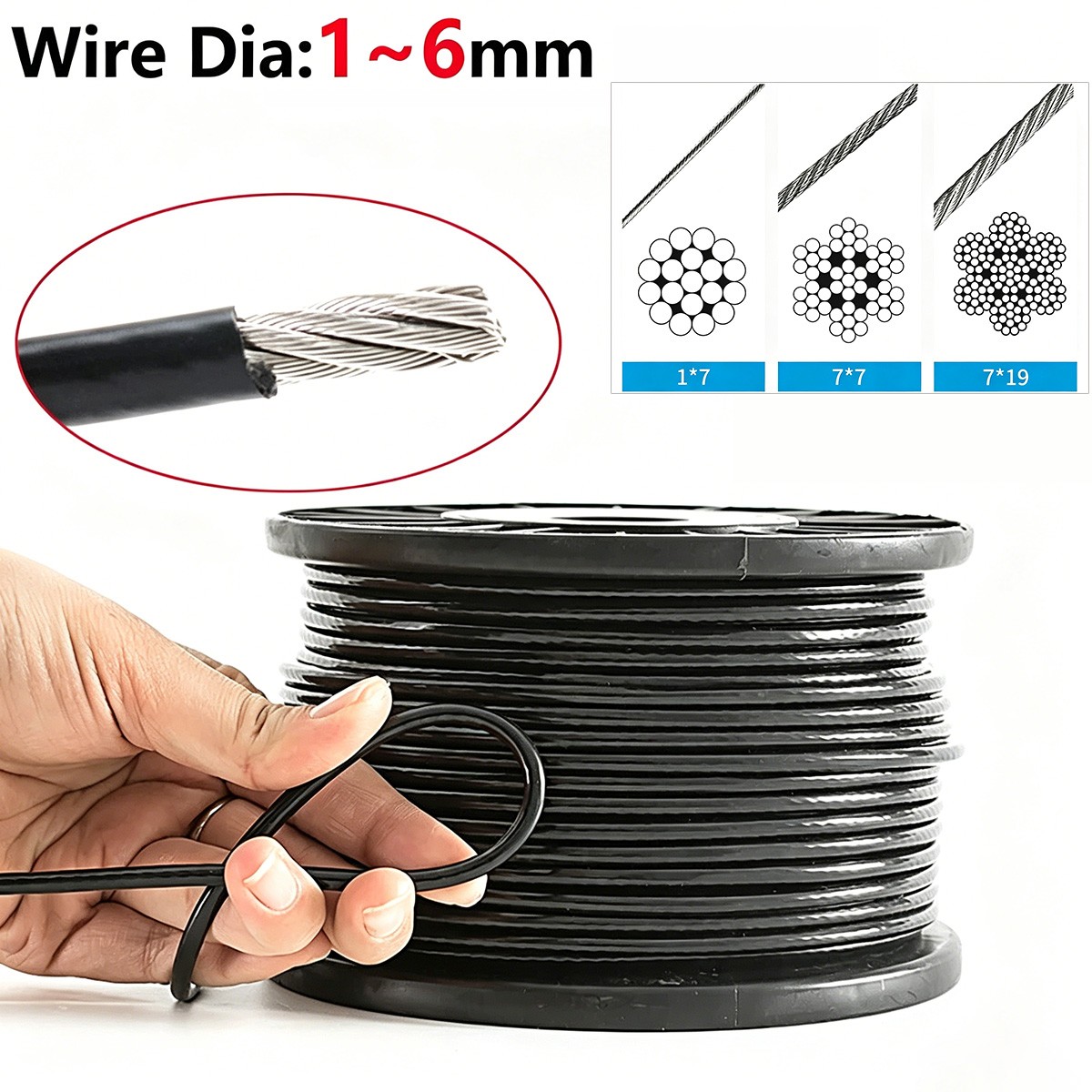 PVC Black Coated Stainless Steel Wire Rope Cable Rigging 1mm 2mm 3mm 4mm 5mm 6mm
