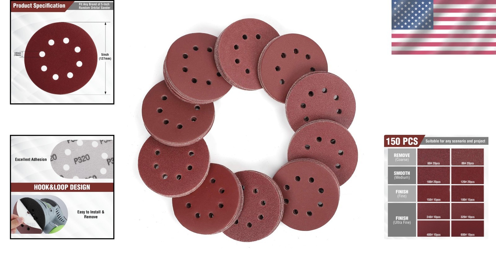 Multi-Grit 150-Piece Sanding Discs – 5-Inch Compatible with All Orbital Sanders