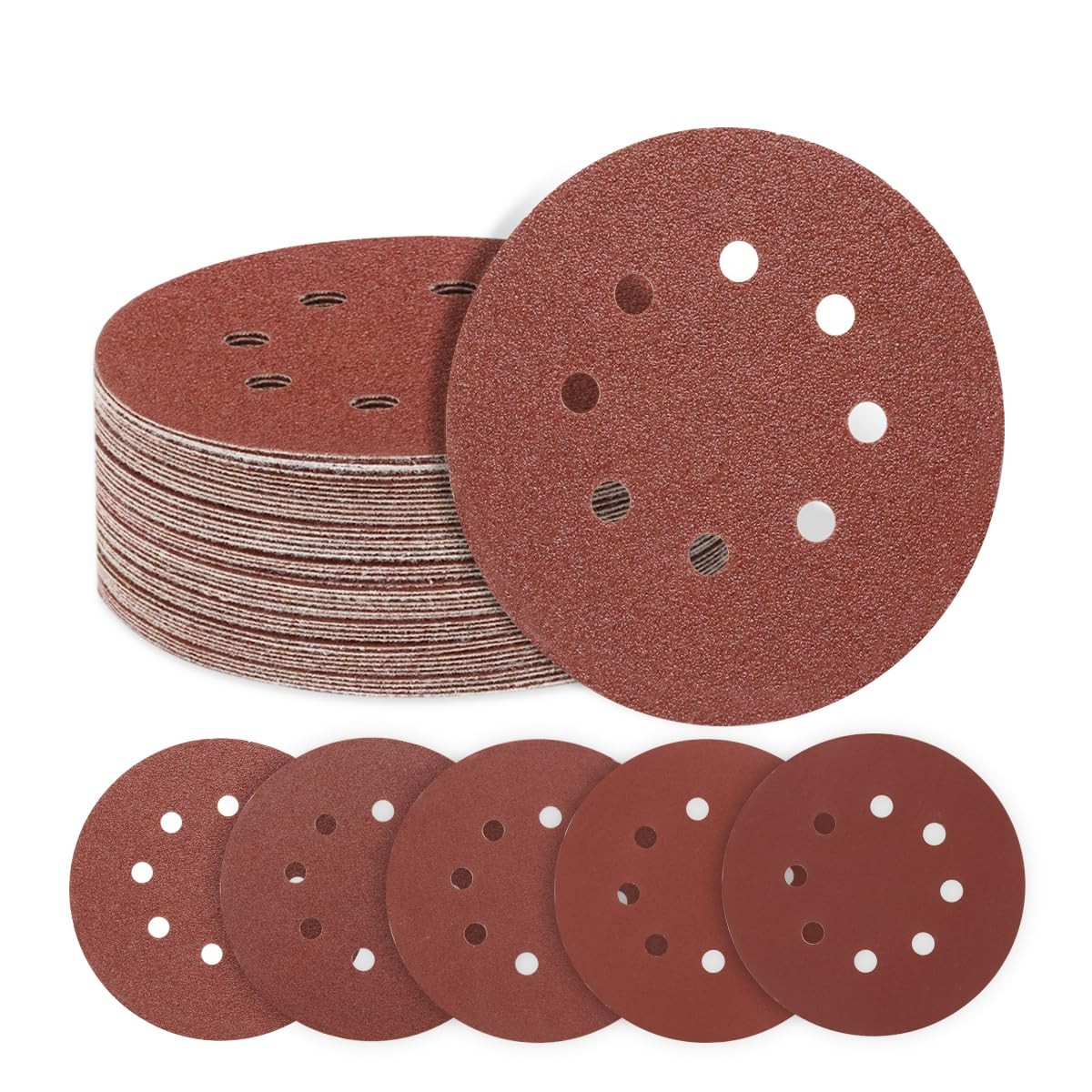 50 Pcs 5″ 8 Hole Sanding Discs Hook and Loop Round Sandpaper Pads Assorted Grits