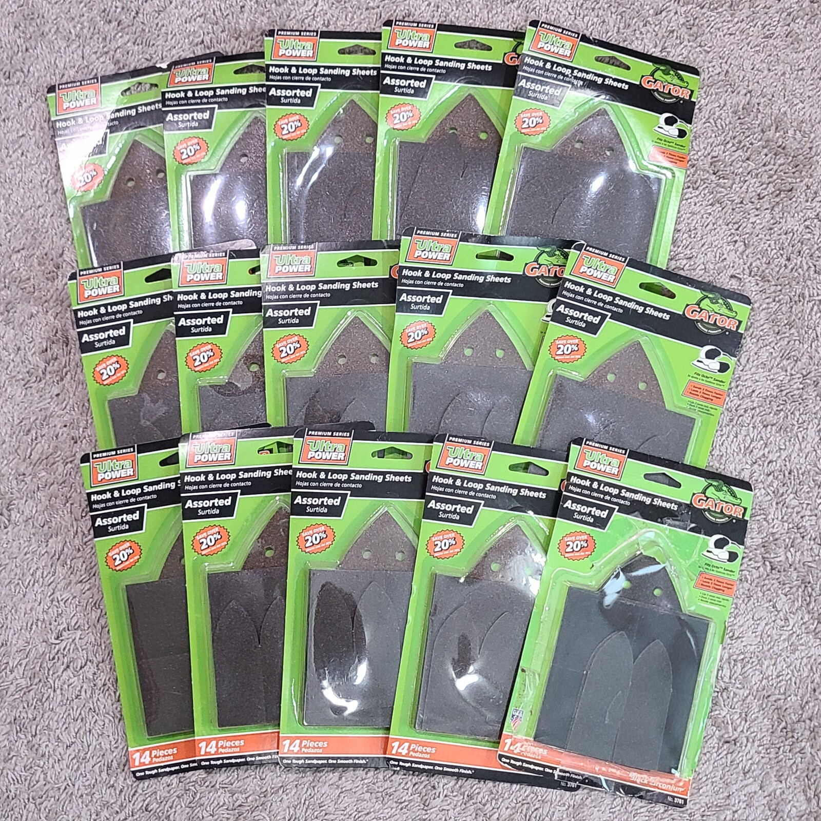 15 – Gator Ultra Power Hook Loop Sanding Sheets 14 Pc Asst 3761 Fits Octo Sander