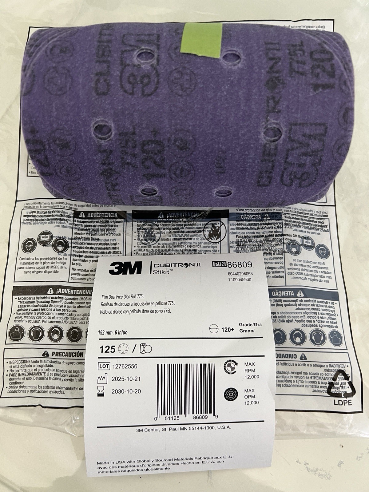 3M Cubitron II 86809 Stikit Film Disc Roll 775L, 120+, 6 in x NH, D/F 6HL(G)
