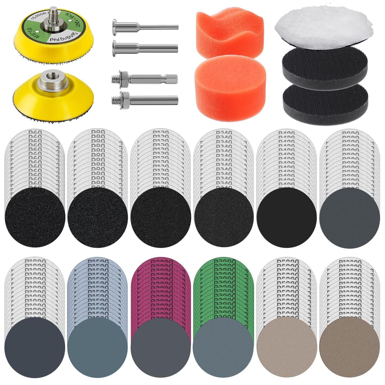 2 Inch Sanding Disc Kit 251Pcs Hook Loop Grit 6010000 Wet Dry Polishing