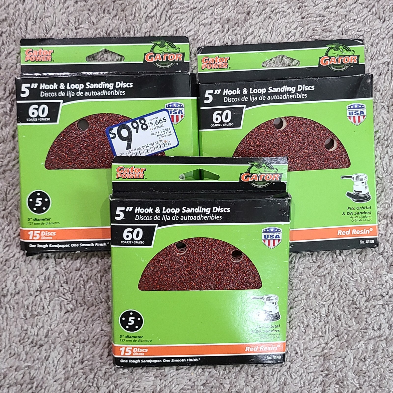 3 Packs Gator Power 5″ Hook And Loop Sanding Discs 60 Medium 15 Discs Red Resin