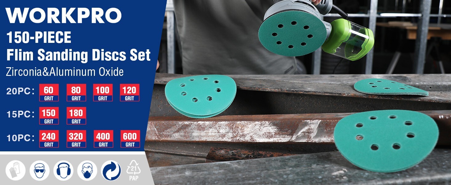 WORKPRO 150-piece Premium Sanding Discs Set 5″ 8-Hole Polyester Film Hook