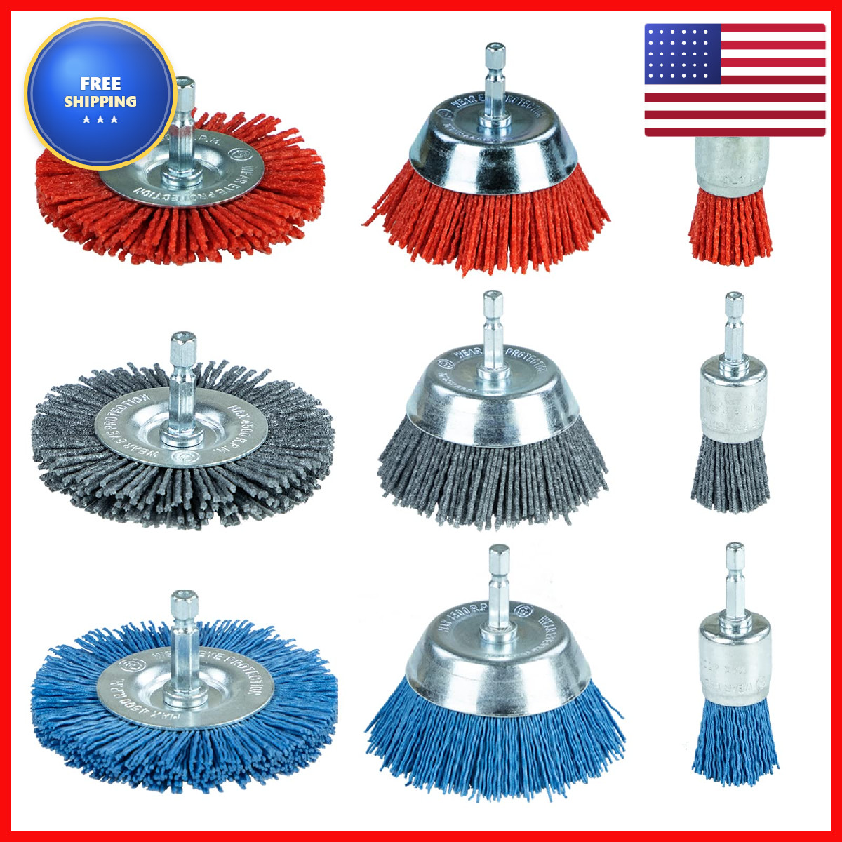 Sali 9 Pack Nylon Filament Abrasive Wire Brush Cup Brush Set 1/4 Inch Hex Shank