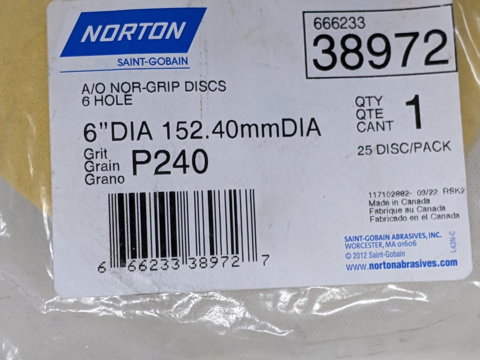 Norton Sanding Disks Nor-Grip Discs 6 Hole 6″ DIA Grit: P240 25 Pack Discs