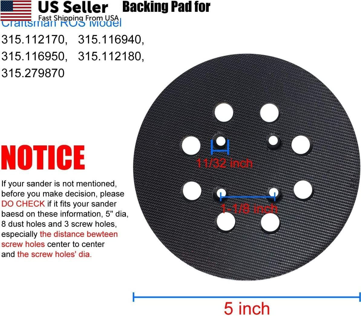 2 Pack 5 Inch 8 Hole Hook and Loop Replacement Sander Pad for Craftsman 315…