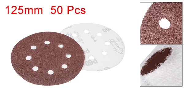 50Pcs 5 Inch 8 Hole Hook and Loop Sanding Disc 60 Grit Flocking Sandpaper Sander