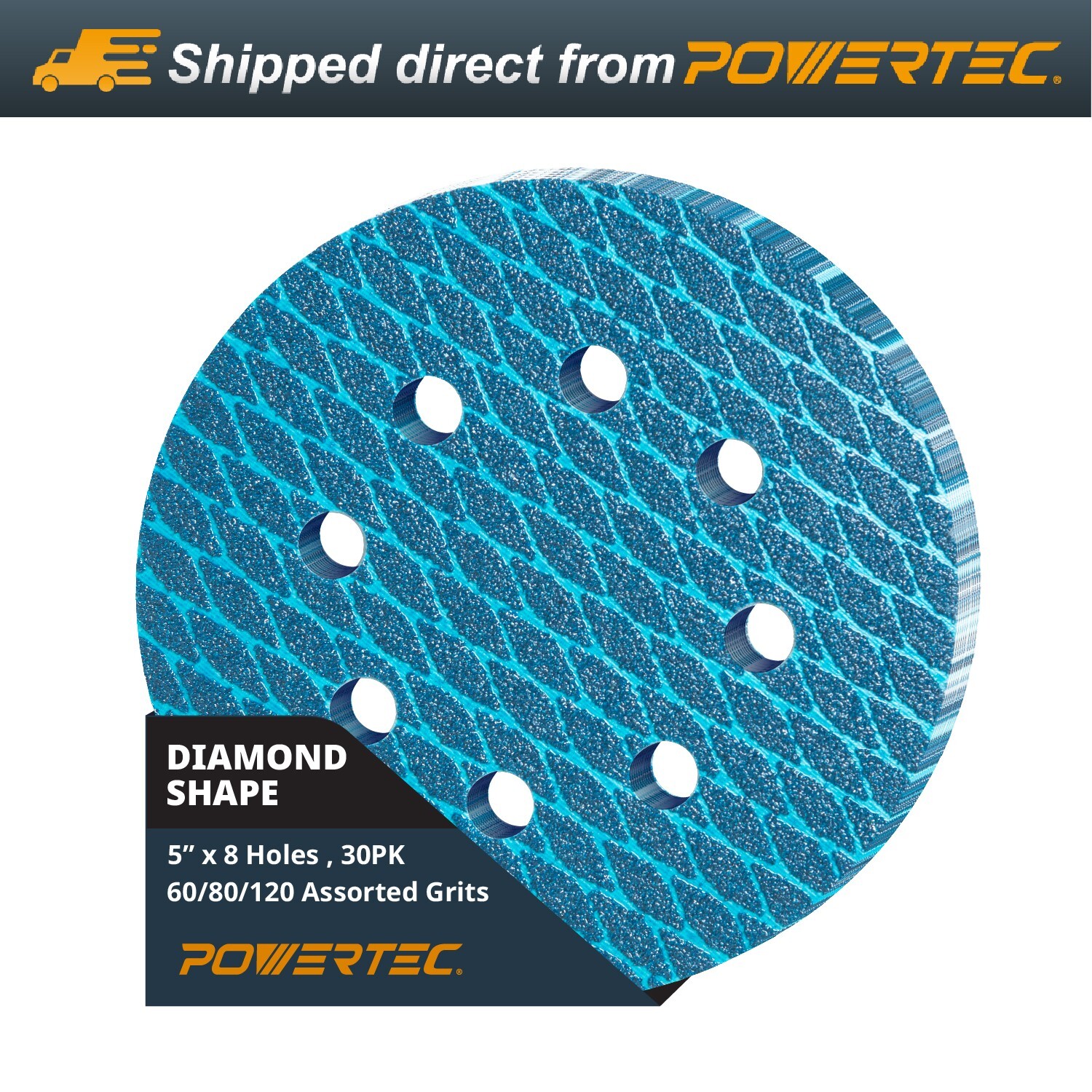 POWERTEC 5 Inch 8-Hole Hook and Loop Sanding Discs, 30-Pack Assorted 60/80/120
