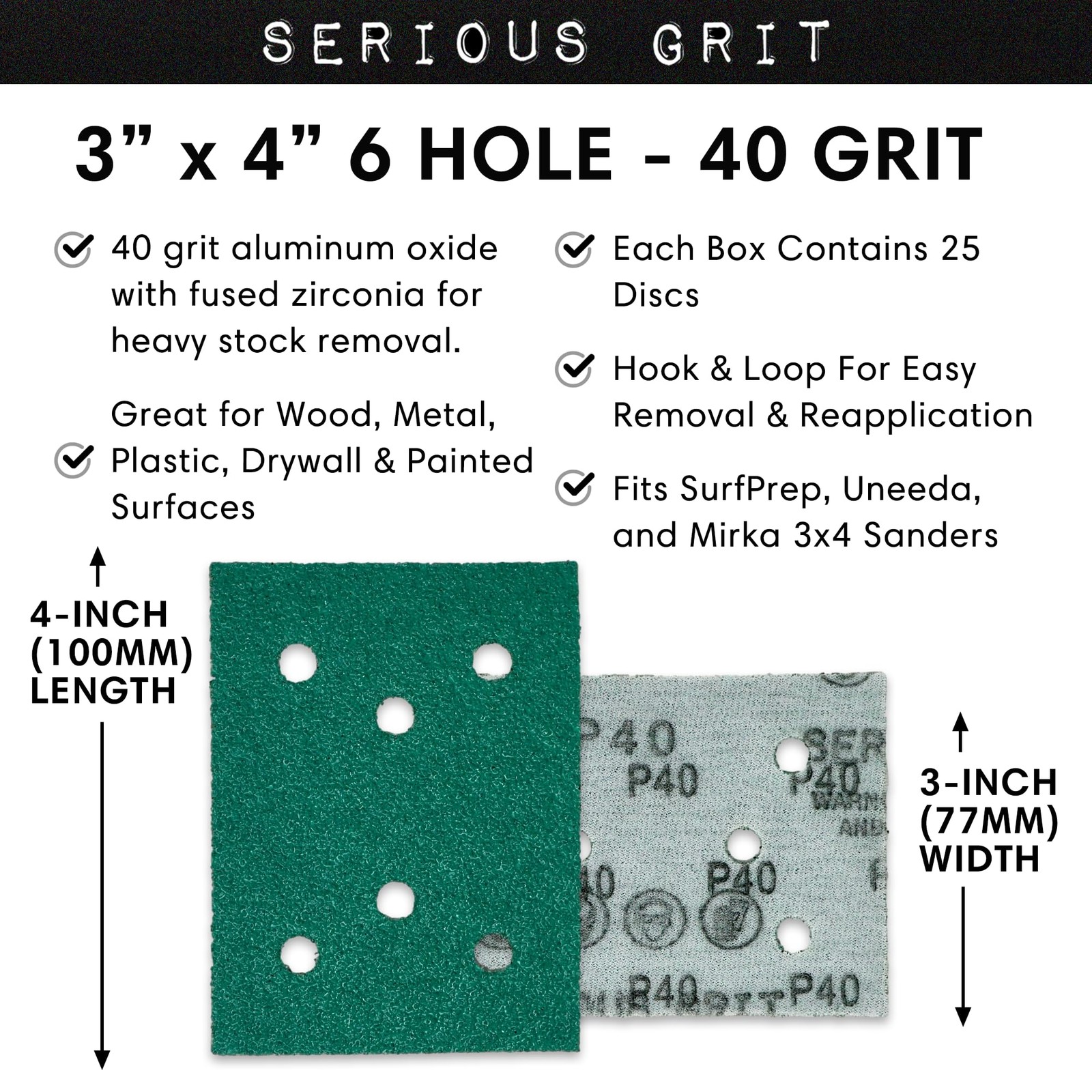 Serious Grit – 3″ x 4″ 6-Hole 40 Sanding Sheets – Fits 40 Grit, Green