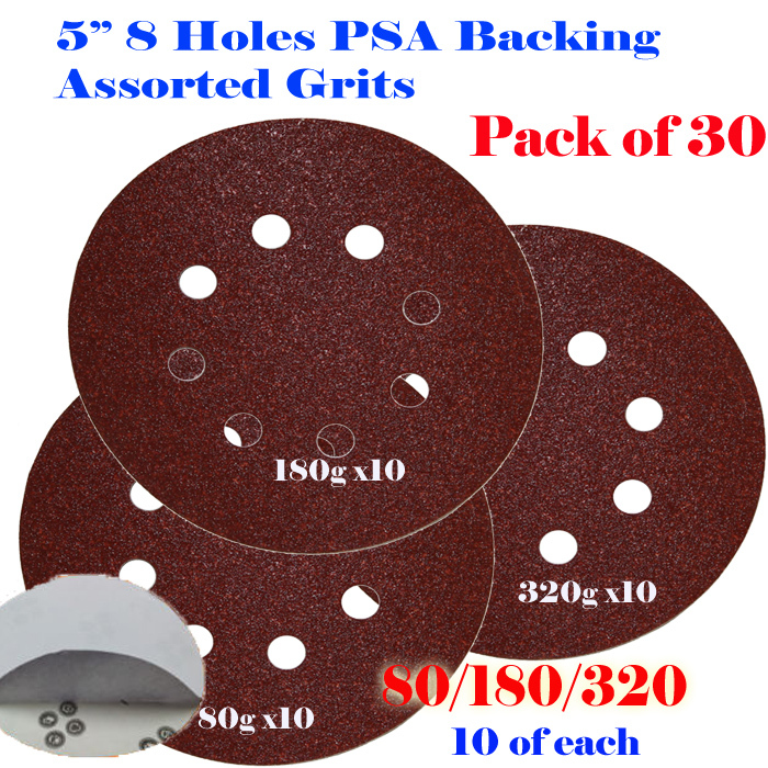 30x 5″ 8 Hole 80/180/320 Grit Sandpaper Disk Sanding Sander PSA Adhesive Backing