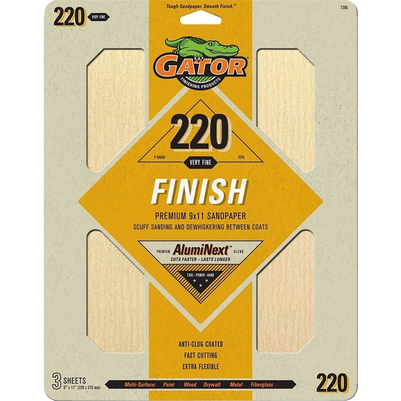 Gator 7266 Sanding Sheet, 9 in W, 11 in L, 220 Grit, Extra Fine, Aluminum Oxide