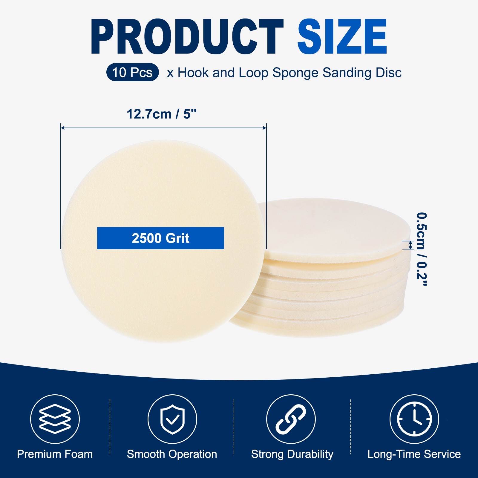 10 Pcs 2500 Grit 5 Inch Hook and Loop Sponge Sanding Disc for Sander, White